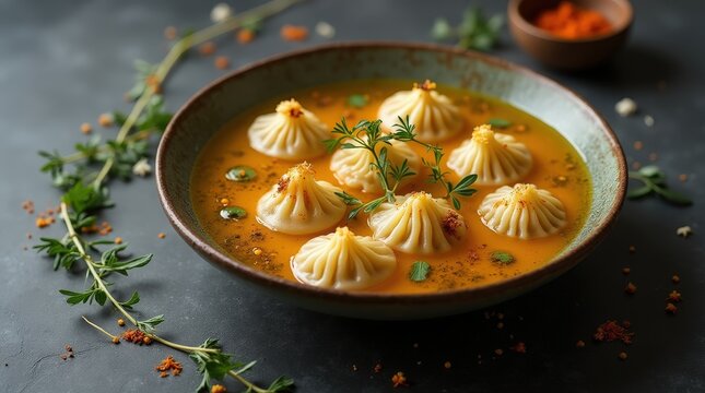 Delicate handmade dushbara served in a richly colored bowl