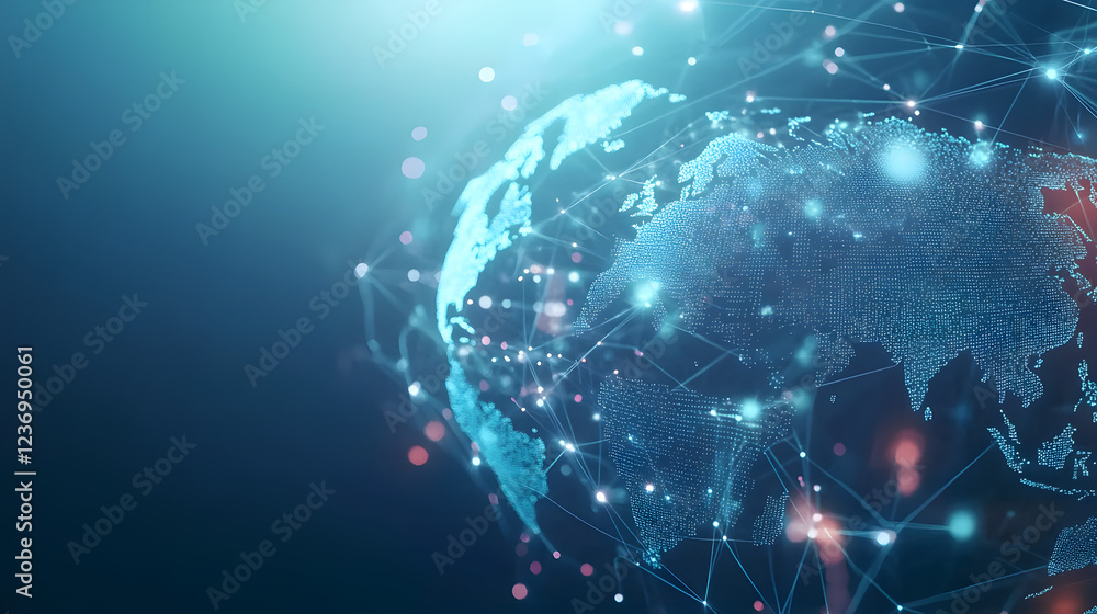 Wall mural light blue background with a digital world map and global network connections, representing the conc
