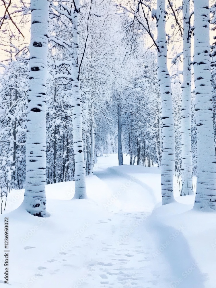 Poster majestic winter pathway through snowy aspen trees illuminated by soft morning light in a tranquil fo