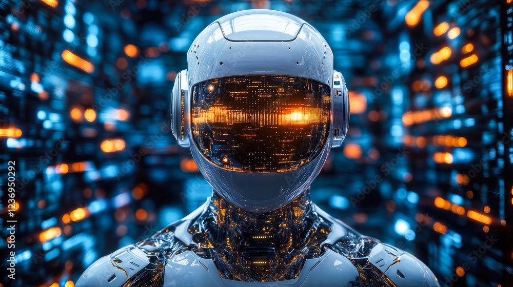 Poster futuristic ai agent with illuminated interface in a digital data environment