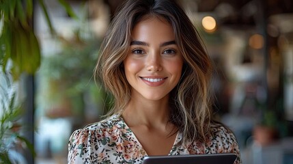 Young woman smiles while using a tablet in a cozy cafe filled with greenery and warm lighting during the day