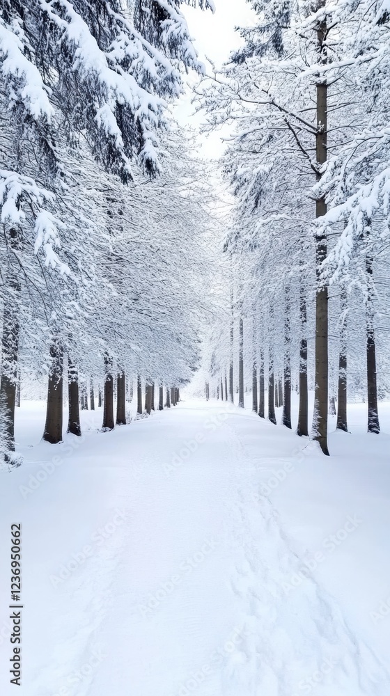 Poster snow-covered path through tranquil winter forest with trees lining both sides in soft, white landsca