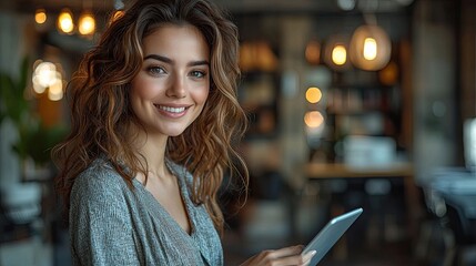 Young woman with curly hair smiles while using a tablet in a cozy cafe setting with warm lighting