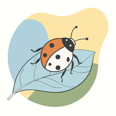 A clean and modern vector illustration of a ladybug resting on a curved green leaf.  