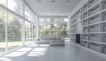 Fototapeta premium Modern minimalist living room with large windows and built in bookcase