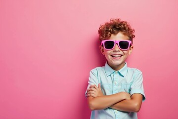 Little boy is wearing sunglasses and smiling for camera