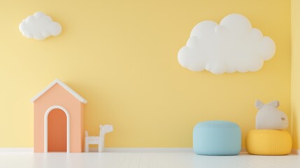 Playful kids room interior, yellow wall, clouds, toys