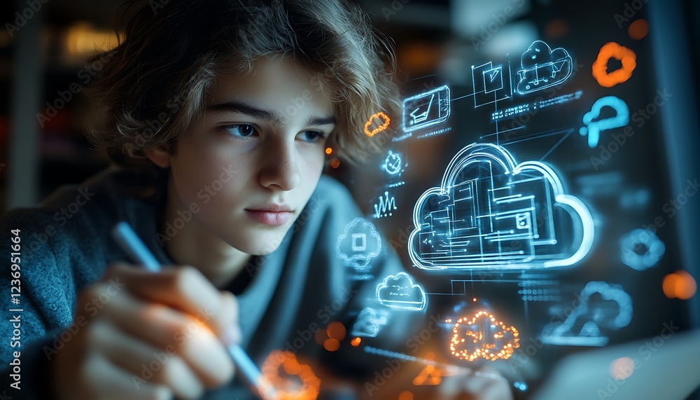 Poster teenager using stylus on tablet, interacting with futuristic cloud computing interface.