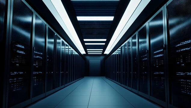 Modern Data Center With an IT Engineer Managing Secure Server Networks, Cloud Computing Infrastructure, Cybersecurity, Artificial Intelligence, Machine Learning, and Future Digital Innovation