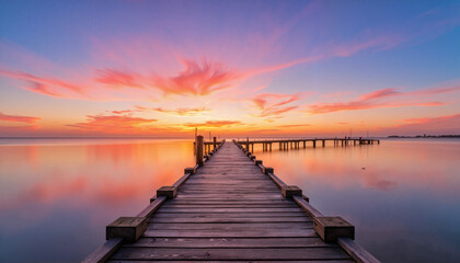 Fototapeta premium Calm wooden pier extending into sunset waters, peaceful reflection