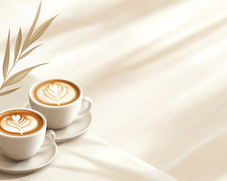 Tww coffee cups with latte art on a soft, neutral background and leaf