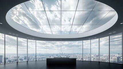 A large elegant room with white curved walls and a glass ceiling