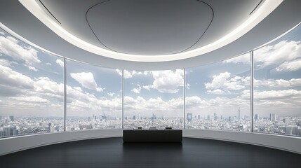 A large elegant room with white curved walls and a glass ceiling