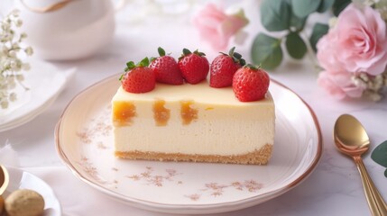 National White Chocolate Cheesecake Day Delicious peanut butter cheesecake with fresh strawberries on elegant plate for dessert inspiration