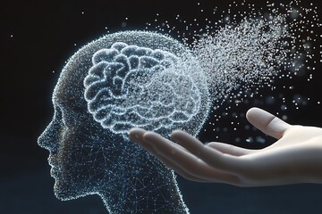 High-resolution 3D graphic of a hand sprinkling digital particles over a head, which assimilate to show brain network activity.