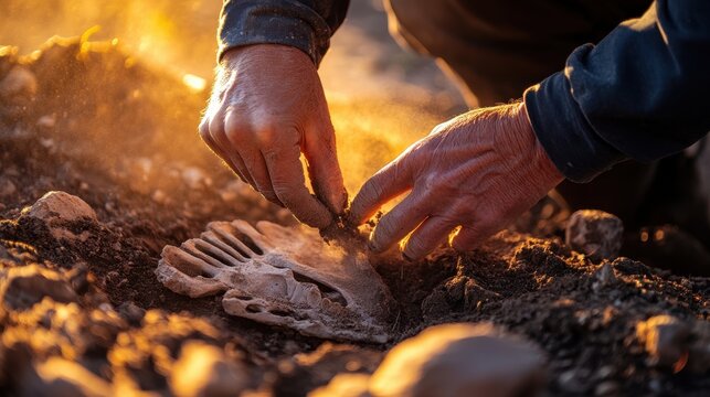 World Anthropology Day International Museum Day Hands uncovering ancient fossil in sunset light
