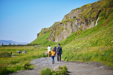 Obraz premium Lots of tourists enjoying scenic view of Seljalandsfoss waterfall where visitors can enter the cave behind the waterfall