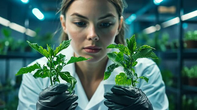 Scientist examining mint plants in a laboratory with controlled lighting during a research session