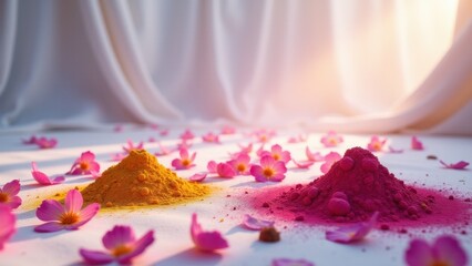 A serene image of flower petals and Holi powders scattered on a white fabric, with natural daylight emphasizing the textures and vibrant colors. The minimalistic and artistic composition captures the 