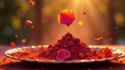 Flower petals being gently thrown onto a decorated plate filled with Holi powders, with soft natural lighting creating an intimate and festive scene. The delicate motion and vibrant colors capture the