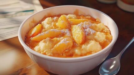 A delicious peach cobbler is served in a white bowl.