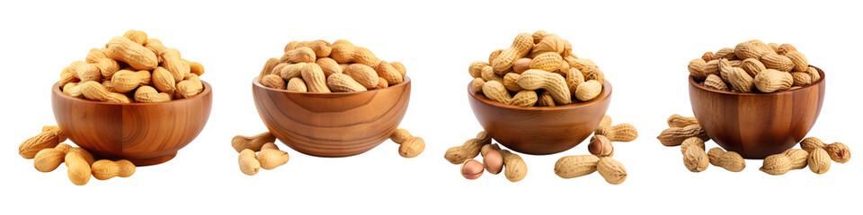 Peanuts in a wooden bowl isolated on transparent background, PNG, Set of