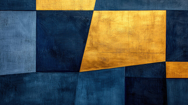 Modern abstract composition with bold gold and navy blue shapes