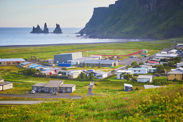 Scenic view of Vik village with ocean coast in Southern Iceland.