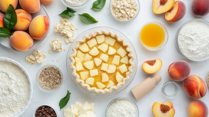 A white table is covered with a variety of ingredients needed to make a peach cobbler pie.