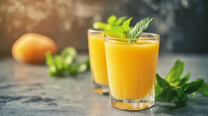 Fototapeta premium Cool peach drink with mint and apricots. A great summer drink recipe. Two glasses of peach lemonade on a light table, detox diet and weight loss concept, restaurant menu.