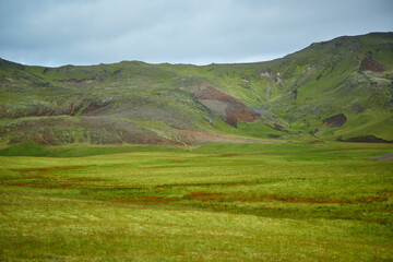 Beautiful nature landscape with green fields and majestic cliffs with ice and snow in Southern Iceland.