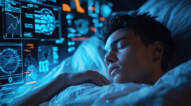 Sleep analysis technology enhancements bedroom digital visualization cozy environment close-up view dream monitoring concept