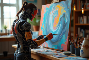 
"Futuristic Humanoid Robot Creating Artwork in a Studio
