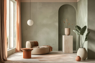 Minimalist earthy interior with soft lighting and natural decor