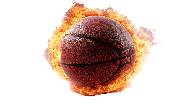 Fiery Basketball Graphic Intense Sport Action, Burning Red Flames for Power Game, isolated on transparent background.