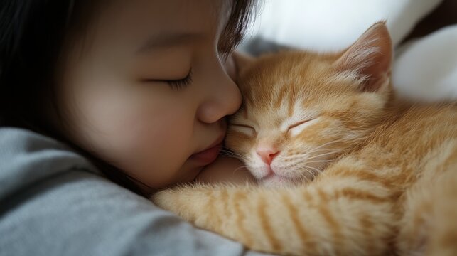 Adorable child and kitten sleeping peacefully displaying innocence and friendship. International Hug Your Cat Day