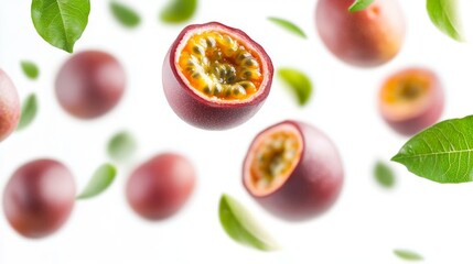 Naklejka premium Fresh passionfruits float in the air. Maracuya fruits and passion leaves isolated on a white background with clipping path.