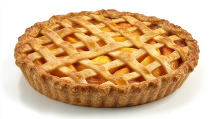 Indulge in a delightful homemade peach pie. Its flaky crust, adorned with a lattice pattern, encases juicy peach slices.