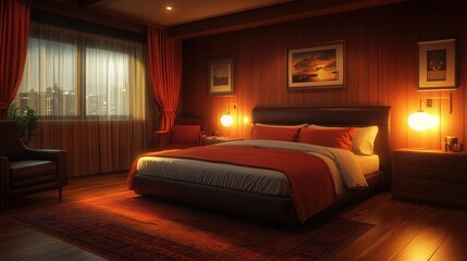 Warm, cozy bedroom with red accents, city view, night