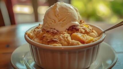 Indulge in a delightful summer treat! This homemade peach cobbler is bursting with juicy peaches and topped with creamy vanilla ice cream. Perfect for a warm day.