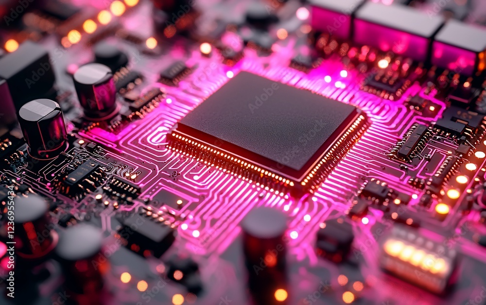 Poster Close-up of a central processing unit on a circuit board with pink lighting.