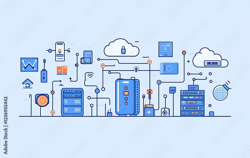 Aufkleber iot network illustration showing interconnected devices and cloud servers.