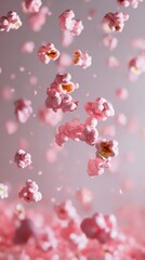 Bright pink popcorn kernels float in mid-air, creating a whimsical and playful atmosphere against a neutral backdrop