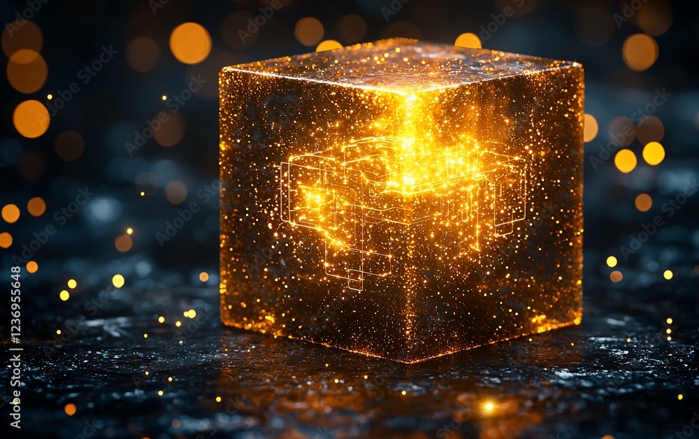 Poster glowing cube with inner circuitry, dark background.