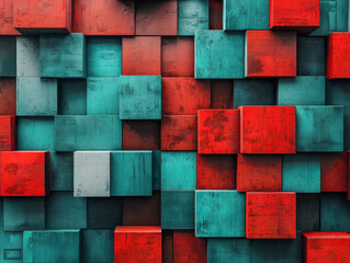 Bold geometric cube pattern in deep red and teal hues