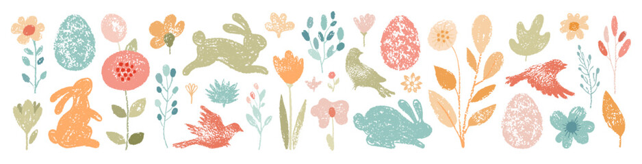 Easter set with cute bunny, egg and flower. Crayon kid rabbit, bird chick, leaf. Hand drawn cartoon vector. Spring drawing. Happy Easter cute illustration. Pastel chalk clipart. Bunny egg flower chick