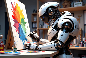 
"Futuristic Humanoid Robot Creating Artwork in a Studio
