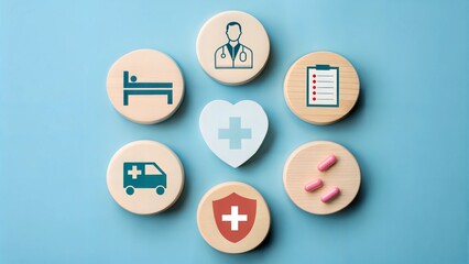 Health Insurance and Medical Care Concept: Wooden Blocks Illustrating Insurance Coverage, Medication, Healthcare Services, and Protection for Better Health