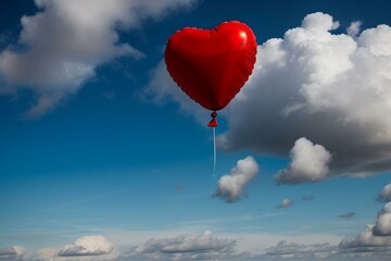 Obraz premium red heart shaped balloons Floating in the air with clouds in the background.