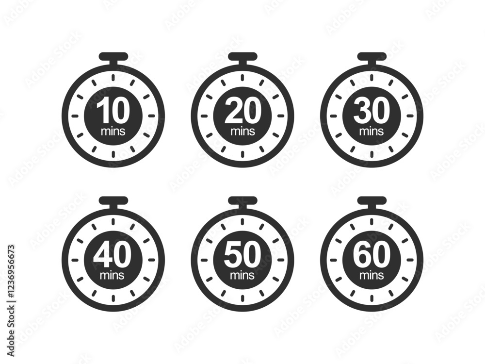 Poster timer, clock, stopwatch isolated vector icon. timer icon set, timer from 10 to 60 minutes, vector il